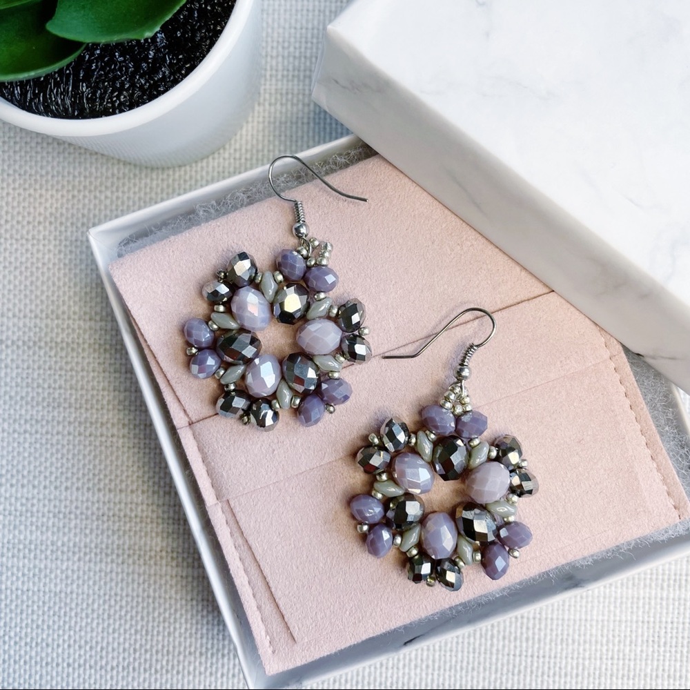 Handmade purple and silver crystal beaded earrings